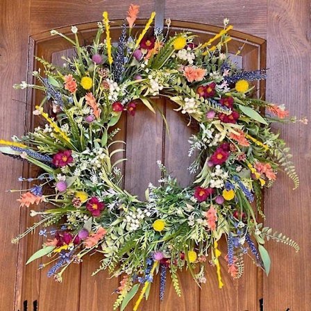 16 tommers dekorativ krans, allsidig dekor bondegård fargerik hytte krans, holdbar og stabil vakker kunstig vår- og sommerkrans, for front