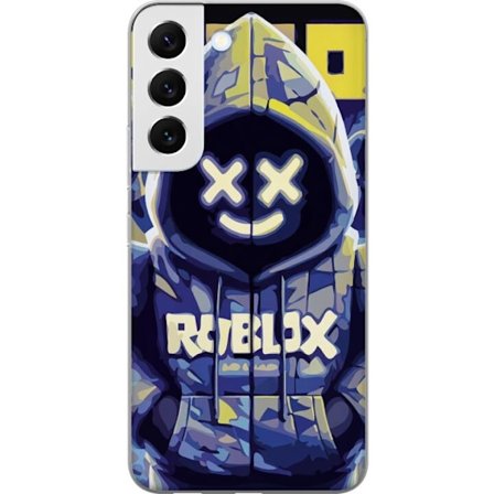 Kompatibelt Mobildeksel til Samsung Samsung Galaxy S22 5G Blågul Roblox hettegenserfigur med minimalistisk neonstil og masket ansikt, moderne spillil