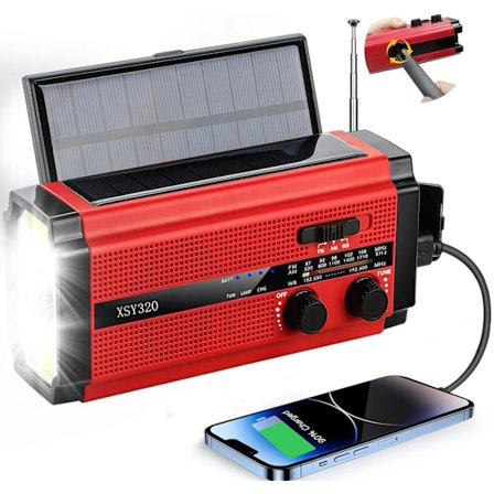 Bärbar Handvev Solradio Utomhus LED Ficklampa AM/FM Radio 5000mAh Batteri /röd