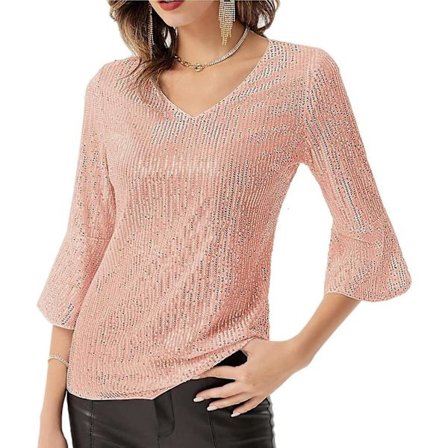 Kvinnor Glittrande Paljett Tank T-shirt 3/4 Puffärm V-ringad Blus Topp