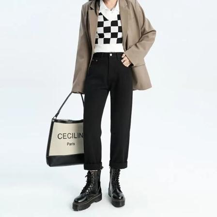 FINORD Hög midja Casual Beige Baggy Jeans Dam Koreanska höstjeans treetwear Harajuku Vintage Vinter Raka jeansbyxor Black S