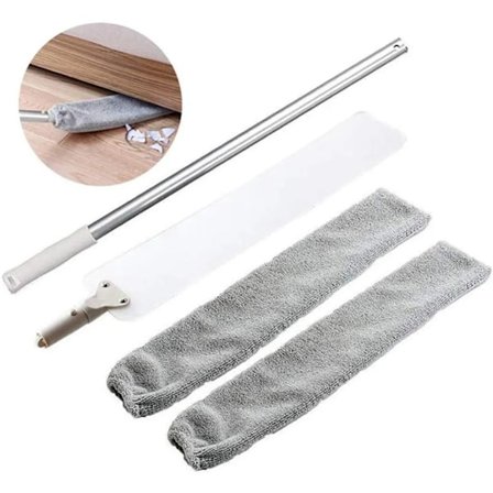 Fjäderdammsugare, justerbar lång dammborste och 2 tvättbara tygöverdrag, flexibel platt dammsugare hushållsmopp för smuts och hår, under soffan