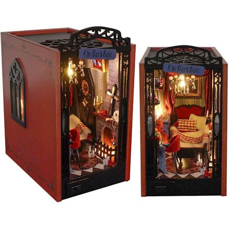 Bogreol, 3D Træpuslespil Bogstøtte-sæt med LED-lys, DIY Dukkehus Miniature Bogreol-sæt