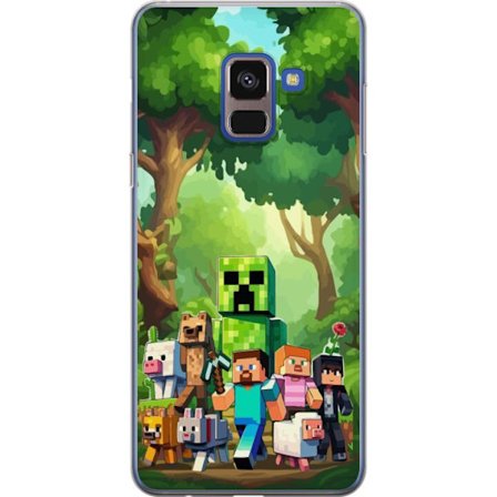 Kompatibelt Mobildeksel til Samsung Galaxy A8 (2018) Blokkete pikselerte spillverden med grønne figurer og dyr i frodig skogsmiljø
