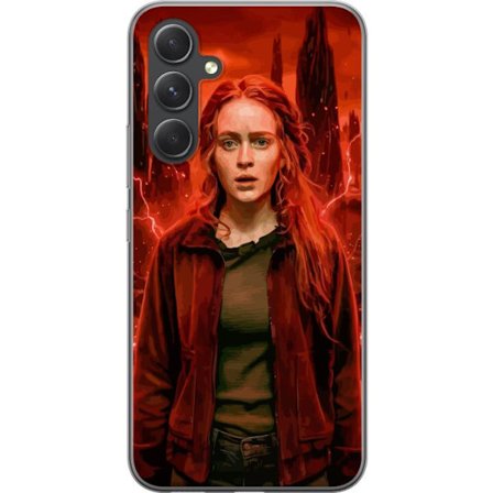 Kompatibelt Mobilskal till Samsung Samsung Galaxy A55 Porträtt av en ung kvinna med rött hår i en apokalyptisk landskap, röda blixtar och mörka k