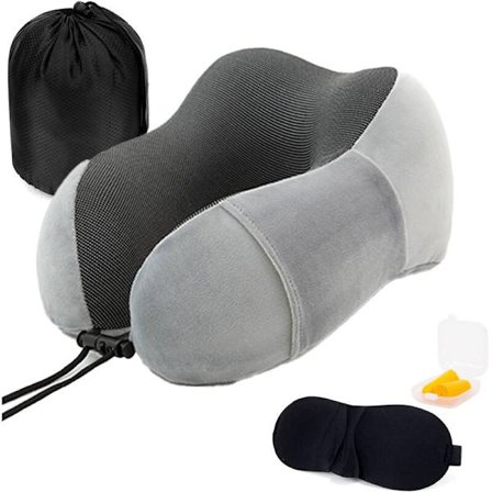 Mjuk resehalskudde för flygplan, sovande, kontor, nacksmärta Grå nackkudde + förvaringsväska Ögonmask Öronproppar