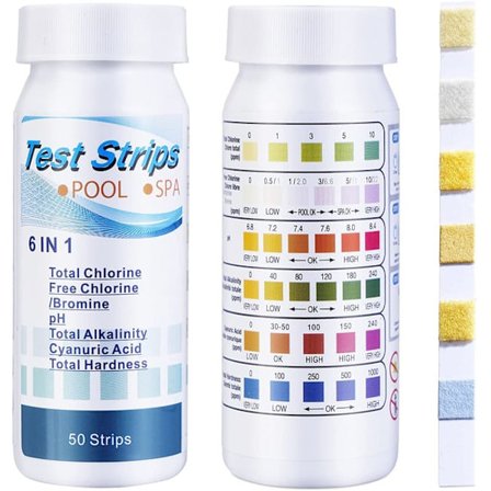 6-i-1 Pool- och Spa-teststickor , Vattentestare 50-pack - pH, Klor, Alkalinitet, Cyanursyra, Hårdhet