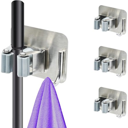 Veggbørst Holdersett med 4 (Sølv) Veggbørst Henger uten Boring Selvklebende Mop Holder med Kroker Kjøkken Oppbevaring Spa