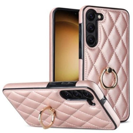 Samsung Galaxy S23 Etui Rhombus Grid Mønster Bagcoverring Kickstand - Rose Gold