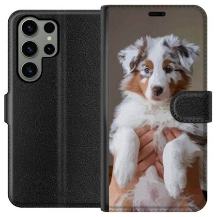 Kompatibelt Lommeboketui til Samsung Galaxy S23 Ultra Søt valp - Fluffy valp med blå øyne i nærbildeportrett