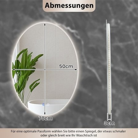 Ovalt badeværelsesspejl 70x50 cm, LED, antidug, dæmpbar