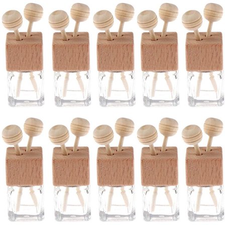 10-pack 8 ml Klar ss Bil Luftfräschare med Klämma och Diffuser Tomma Eterisk Olja Parfymflaskor och Diffuser Ventil Tjock ss Ornament med Trä