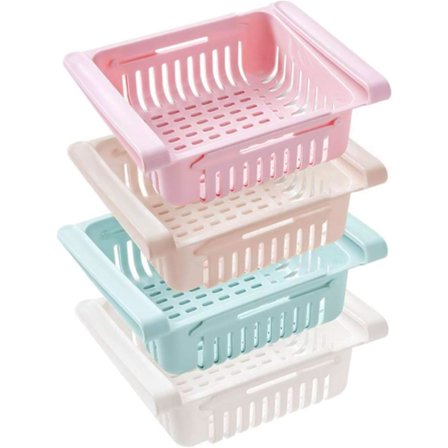 Friggskåpslådearrangör, Retractable Fridge Storage Drawer, Space Saving Storage Basket Under Shelf for Fridge (4 Pack)