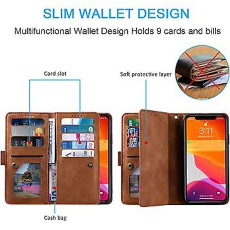 Plånboksfodral för Iphone Se 2022 5g/iphone 7/iphone 8/iphone Se 2020, 9 Kortplatser Dragkedja Handväska Fodral Pu Läderfodral - Brun