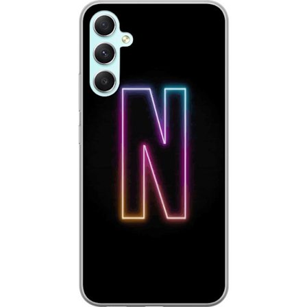 Kompatibelt Mobildeksel til Samsung Samsung Galaxy A34 Minimalistisk neonbokstav N i fargeskiftende lys mot svart bakgrunn