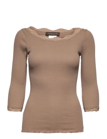 Organic T-Shirt Boat Neck W/Lace Brown Rosemunde