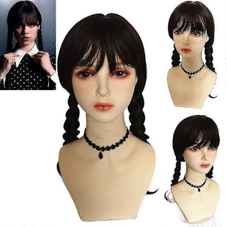 Wednesday Addams Maskerad Peruker Cosplay Långt Flätat Hår Med Lugg Halloween Fest Rollspel Hela Peruker