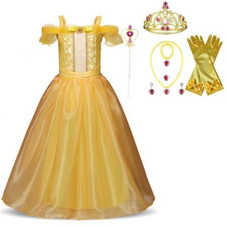 Princess Belle Klänning Skönheten & Odjuret + 7 Extra Tillbehör Yellow 150 Cm