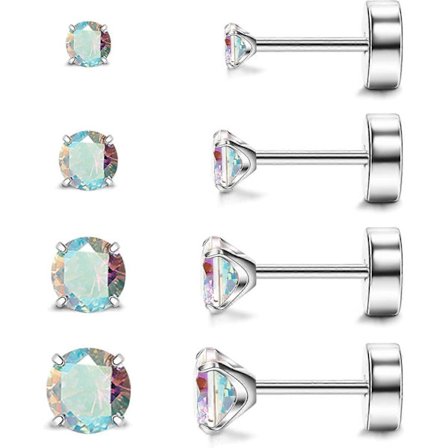 Hypoallergeniske flade øreringe til kvinder og mænd, 4 par implantat-titanium ørestikker med flad bagside til brusk, skrue bagpå ren titanium