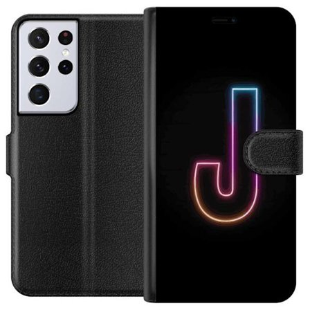 Kompatibelt Lommeboketui til Samsung Samsung Galaxy S21 Ultra 5G Minimalistisk neonbokstav J i fargeskiftende lys mot svart bakgrunn