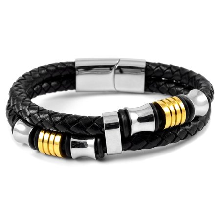 Gold-Tone & Silver-Tone Dual Bolo Leather Bracelet for Men - Braided Bracelets