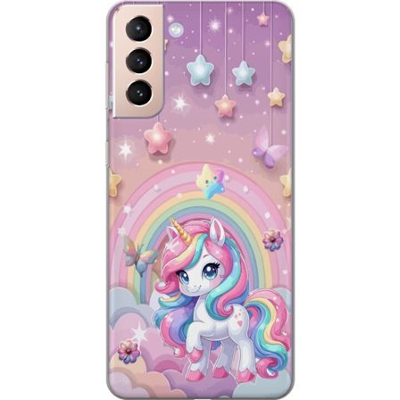 Kompatibelt Mobildeksel til Samsung Galaxy S21 Magisk enhjørning med regnbue manke, stjerner og sommerfugler mot en pastellhimmel med skyer
