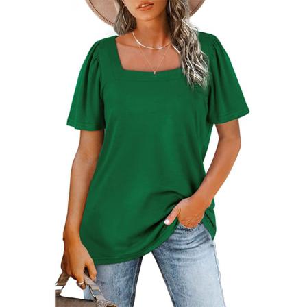 Dam Bomull T-shirt Fyrkantig Hals Plisserad Topp Dam Vandring