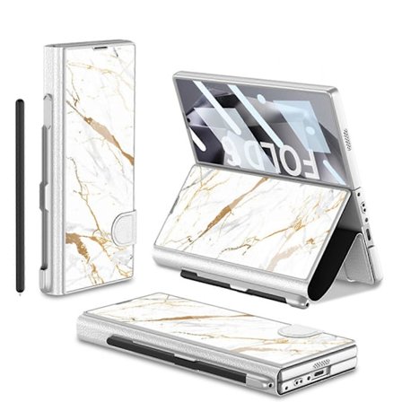 för Samsung Galaxy Z Fold 6 Fodral med S-Pen Ficka, Färgglad Plätering Glas Kristall Hybrid Läder Inbyggt HD Skärmskydd Allomfattande Fodral