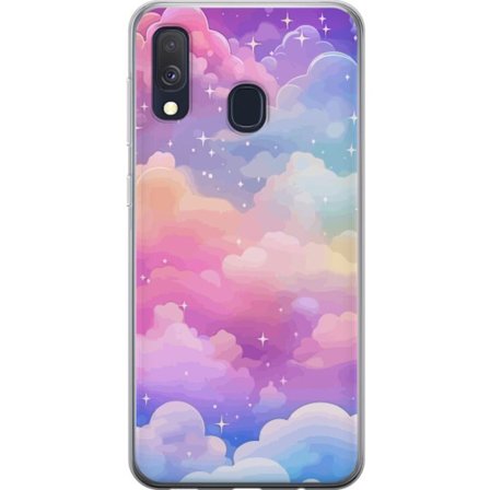 Kompatibelt Mobildeksel til Samsung Galaxy A40 Søt enhjørning med regnbuefarget hår mot en stjernebelagt pastellbakgrunn i kawaii-stil