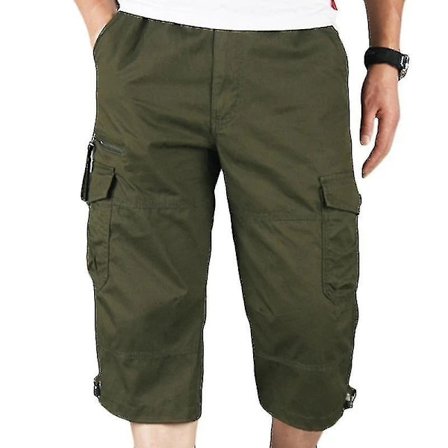 Herre 3/4 Lange Elastiske Talje Shorts Cargo Combat Trekvart Bukser Army Grøn