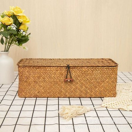 Sjøgress Oppbevaringskurv med Lokk Liten Vevd Hyllekurv Rektangulær med Seksjoner for Organisering av Snacks Leker Tamponger