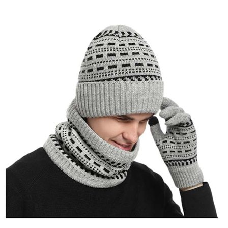 Vinterhanskesett med berøringsskjerm, stretchstrikket fleeceforet lue- og skjerfkombo, termisk 3-delt gavesett for menn og tenåringer B