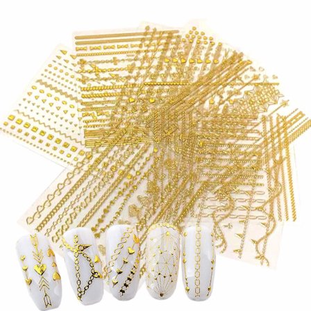 8 Sheets Gold Nail Art Stickers Decals 3d Self-adhesive Metallic Chains Line Nail Decoration