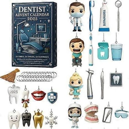 Tandlæge Adventskalender 2025, Unikt 24 Dages Tandlæge-tema Ornament Sæt, 2D Akryl Jul med Søde Tandlæge & Tand Ornamenter, Børn & Tandpleje