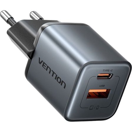 Laddare - VENTION - 2-Port USB GaN - 30W USB-C - 18W USB-A - EU-kontakt Grå