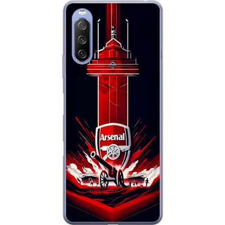 Yhteensopiva Puhelinkuori Sony Xperia 10 III Lite Arsenal-embleemi, jossa tykki ja stadionmotiivi voimakkaassa punaisessa ja valkoisessa urheilusuunni