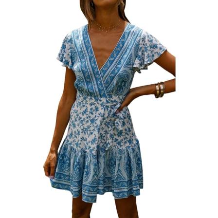 ivimos Dam Sommar Kortärmad Casual Bohemian Strand Volang Blommig Tryck Rosett Kort Solklänning Vitblå X-Small