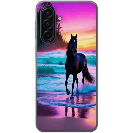 Kompatibelt Mobildeksel til Samsung Galaxy A17 5G Svart hest på stranden ved solnedgang med fargerik himmel, drømmeaktig naturillustrasjon for plakate