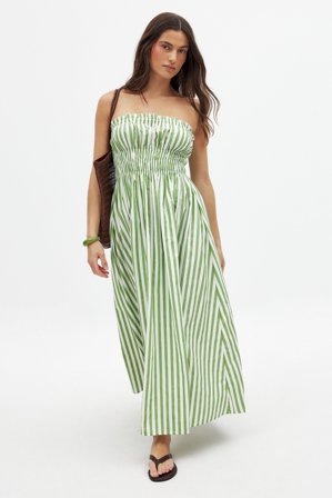 NA-KD Cotton Bandeau Ruched Midi Dress - Stropløse kjoler - Stribet - EU 40
