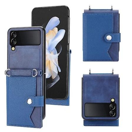Til Samsung Galaxy Z Flip3 5g Litchi Mønster Enkelt Knap Kortholder Mobiltelefon Etui Med Lang Lanyard Blue