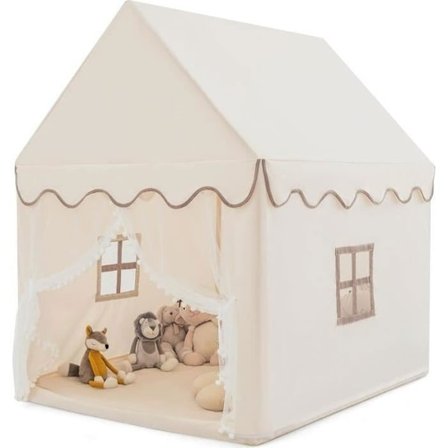 COSTWAY Lastenleikkiteltta - Pestävä puuvillamatto - Massiivipuurunko - Ikkunat verhoilla - 120 x 105 x 140 cm - Beige