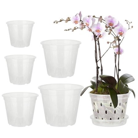 5-pack Phalaenopsis-krukor, orkidékrukor med hål och fat, genomskinliga plastblomkrukor för inomhus- och utomhusodling