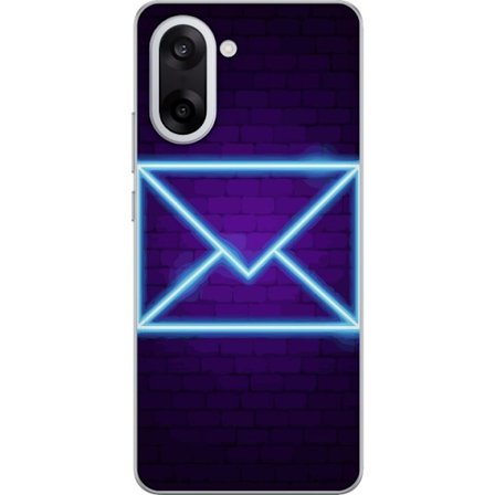 Kompatibel Mobilcover til OnePlus OnePlus Nord CE5 Neon illustration af kuvert i blåt lys mod lilla teglvæg, moderne symbol for beskeder kommunikati