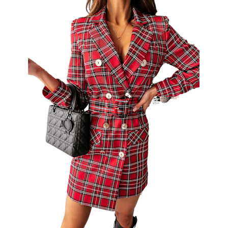 Rød Rutete Blazerkjole for Kvinner med Belte