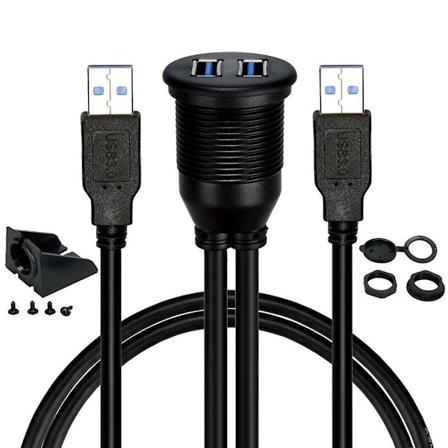 1m 2-porttinen kaksois-USB 3.0 -uros - USB 3.0 -naaras Aux -upotuskiinnityskaapeli auton, kuorma-auton, veneen ja moottoripyörän kojelaudan paneelin 