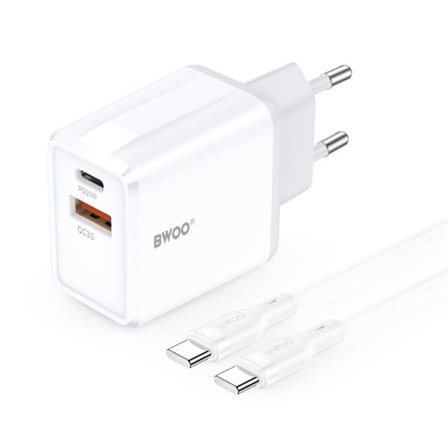 BWOO Väggladdare 38W QC med USB och USB-C + USB-C-Kabel 1m