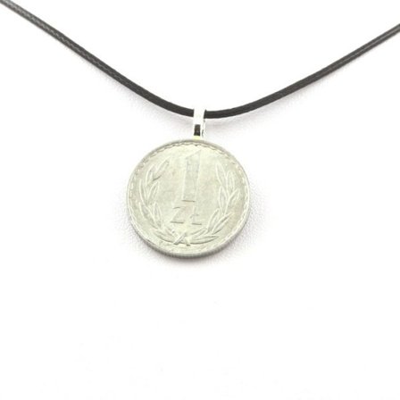 Stenar och mineraler. Polen 1 zloty coin halsband. Svart sladd.