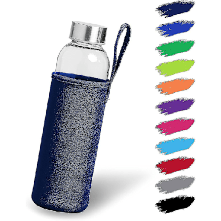 Lasipullo 1l Neopreenisuojuksella | Juomapullo lasista 500ml suojuksella ja ruostumattomasta teräksestä valmistetulla kannella | Vesipullo urheiluun, 