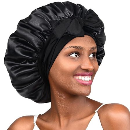 Svart silkesatinluva for å sove Dobbeltlags satin foret hårnett