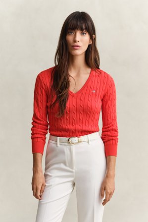 GANT Damen V-Neck Pullover mit Zopfmuster (XL) Rot